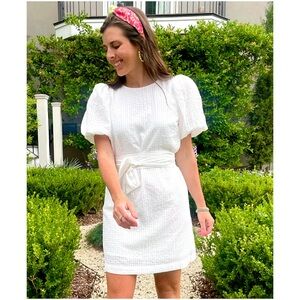 White Soft Basketweave Puff Sleeve Hagan Dress